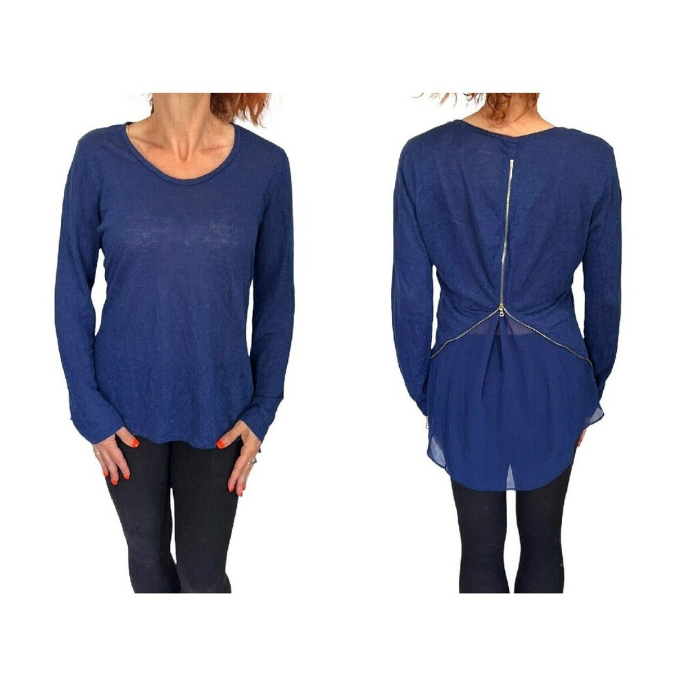 Sandro Paris Blue Round Neck Semi Sheer Long Sleeves Back Zip Linen Knit Top 3 L